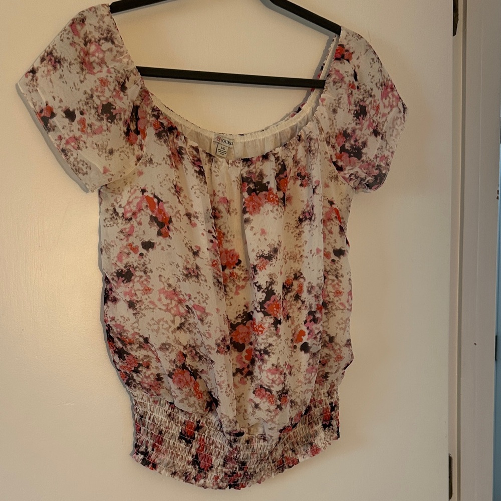 Guess Cream Smocked Floral Blouse